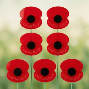 Red poppies with 'Lest we forget' text.