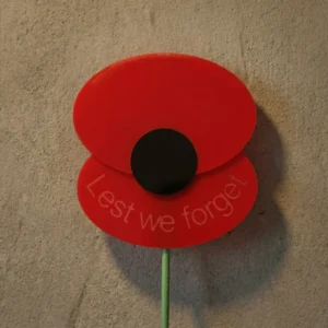 Red poppy with 'Lest we forget' text