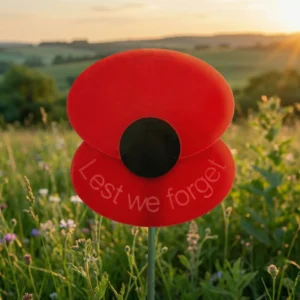 Red poppy field memorial at sunset
