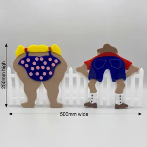 Humorous fence decorations of people bending over