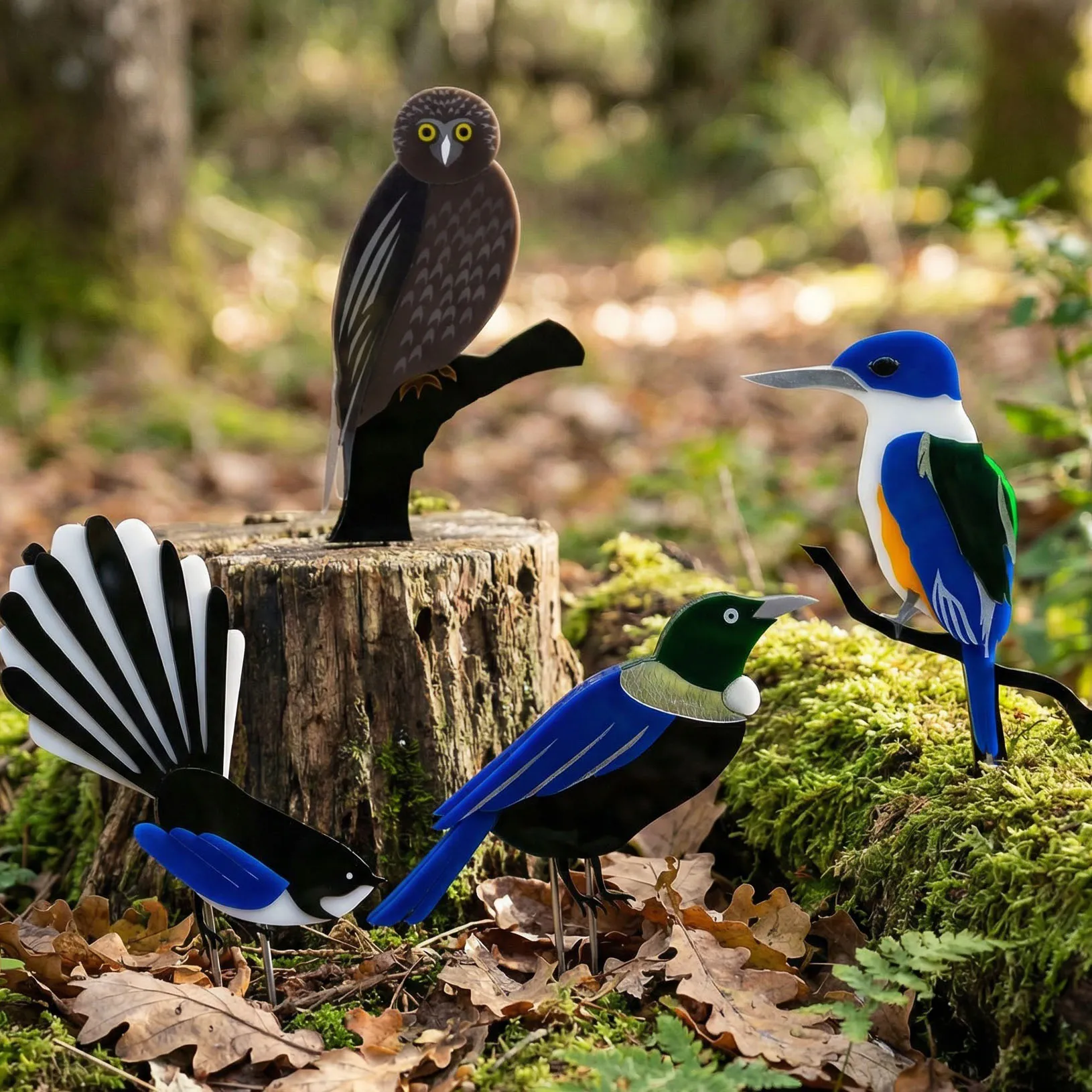 Colorful bird sculptures in a forest setting.