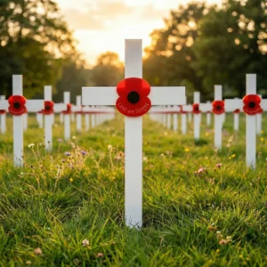 White crosses with red poppies at sunset