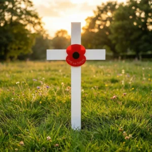 White cross with red poppy in field.