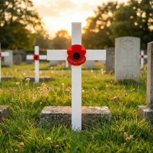 White cross with red poppy in cemetery