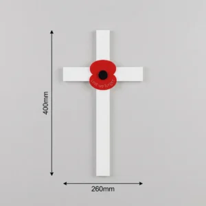 White cross with red poppy, dimensions shown